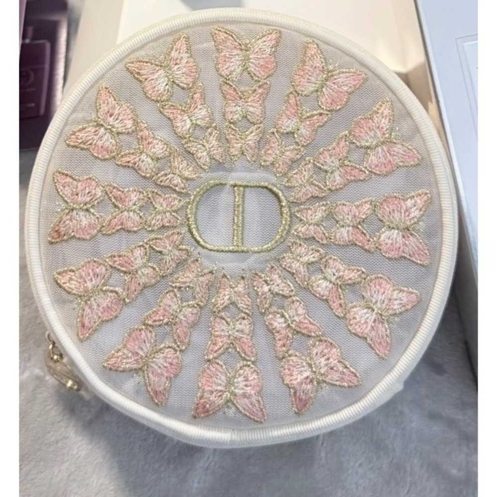 Dior Butterfly Mesh Makeup Bag Round Pink Embroidered Zip Pouch New - Picture 3 of 8